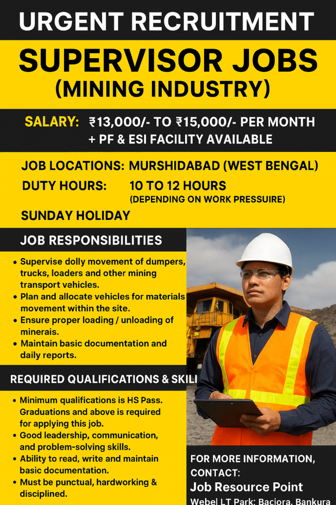 Mining site supervisor jobs in Murshidabadh.