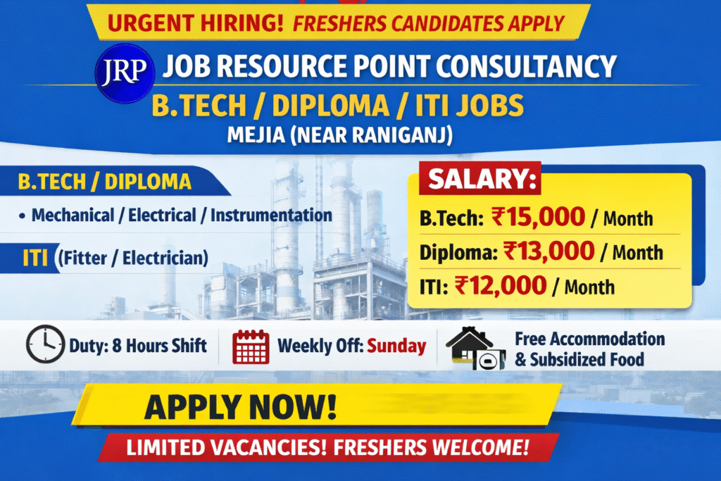 Urgent hiring poster for B.Tech, Diploma, and ITI jobs in Mejia near Raniganj by Job Resource Point Consultancy with salary details, 8-hour duty, Sunday off, free accommodation, and subsidized food for freshers.