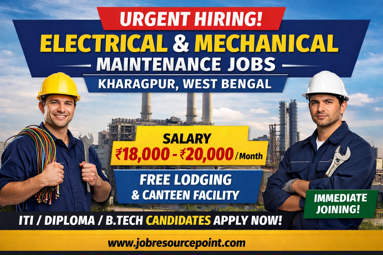 Urgent hiring for Electrical and Mechanical Maintenance Jobs in Kharagpur West Bengal with salary 18000 to 20000 for ITI Diploma BTech candidates