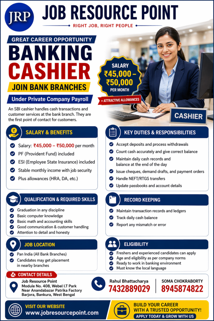 "Banking Cashier job vacancy poster by Job Resource Point featuring work opportunity in bank branches across India with salary ₹45,000–₹50,000 per month, including PF, ESI, allowances, job responsibilities, eligibility criteria, and contact details for application."