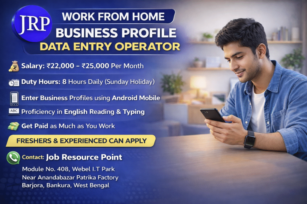 Business Profile Data Entry Operator work from home job advertisement showing a person using a mobile phone with JRP logo, salary ₹22,000–₹25,000, 8-hour duty, and Job Resource Point contact details.