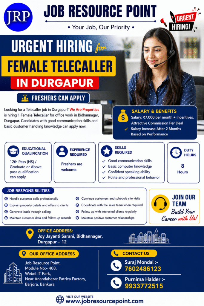 Marketing poster for urgent hiring of a Female Telecaller in Durgapur by Job Resource Point. The poster includes salary details, qualifications, skills required, job responsibilities, office address, contact numbers, website information, and a female customer support executive wearing a headset.