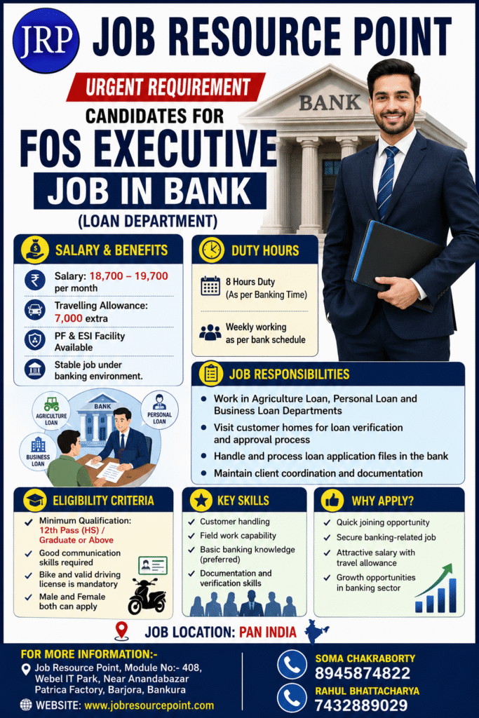 Urgent bank job vacancy for FOS Executive with salary benefits and eligibility details