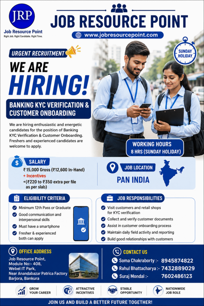 SEO-friendly recruitment poster for Banking KYC Verification and Customer Onboarding jobs at Job Resource Point featuring salary details, Pan India job locations, eligibility criteria, field executive responsibilities, office address, website, and recruiter contact numbers in a modern professional design.

