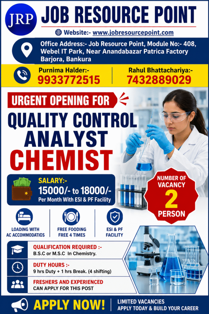 "Job Resource Point recruitment poster for Quality Control Analyst Chemist job vacancy. Salary ₹15,000–₹18,000 per month with ESI, PF, free AC accommodation, free food, B.Sc/M.Sc Chemistry qualification required, freshers and experienced candidates can apply."