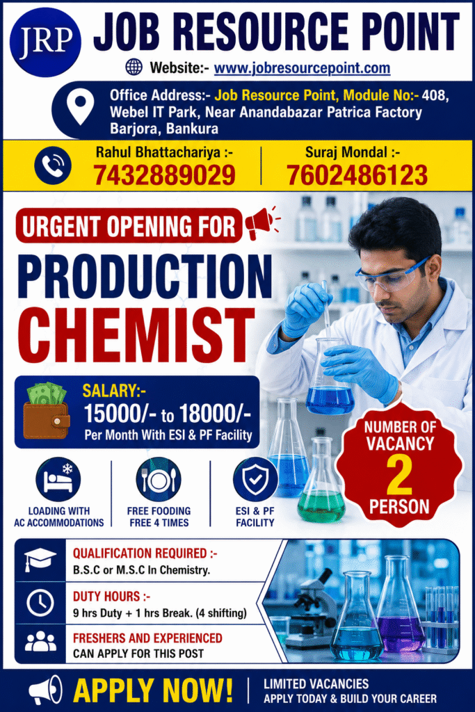 "Job Resource Point Production Chemist job vacancy poster featuring salary ₹15,000–₹18,000 per month, ESI & PF benefits, free AC accommodation, free food, B.Sc/M.Sc Chemistry qualification, and opportunities for freshers and experienced candidates."