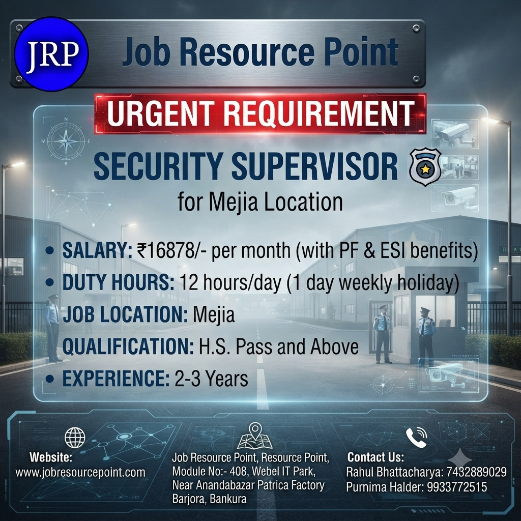 Recruitment flyer for Job Resource Point featuring an urgent requirement for a Security Supervisor in Mejia, displaying the company logo at the top left, salary, duty hours, qualifications, experience requirements, along with office address and contact numbers at the bottom.